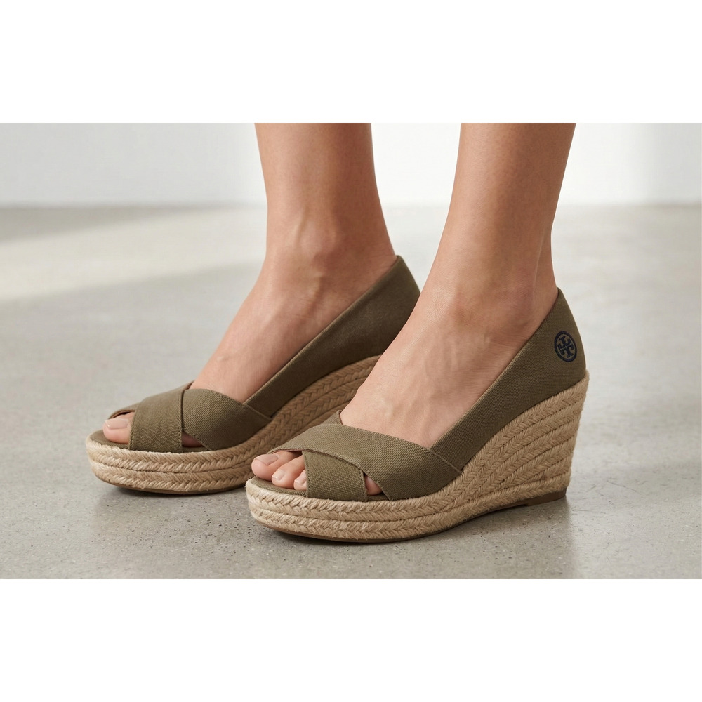 Tory Burch Filipa Criss Cross Espadrille Platform Wedge Olive Canvas Shoes 9 B